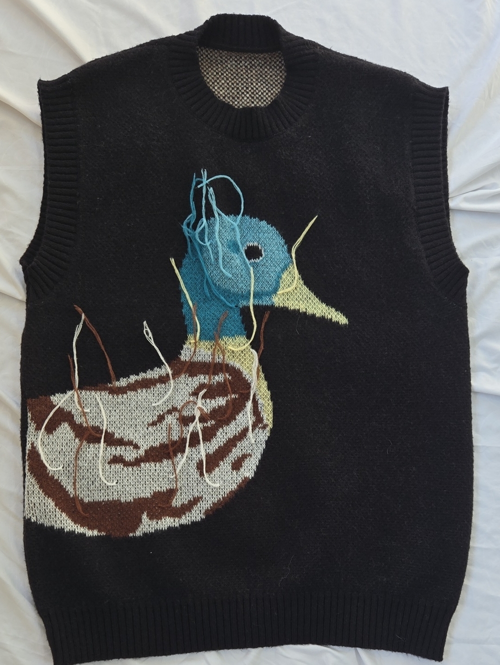 Men/Unisex BlackSleeveless Sweater Graphic Colorful Duck Front With Long Threads - Picture 10 of 12